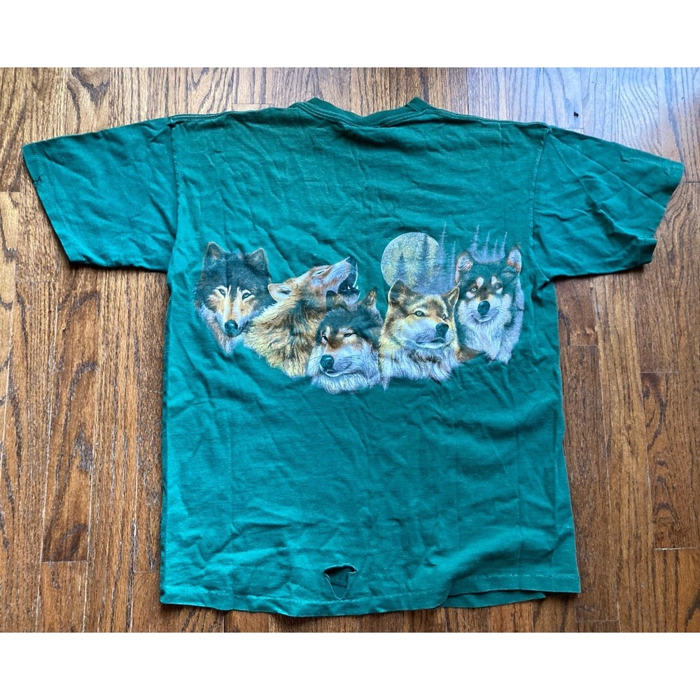 Vintage Wolf T Shirt Mens Large Green 90s Double Sided Native American Signal - Picture 8 of 10